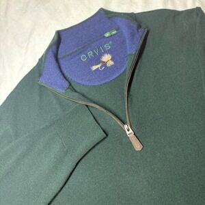 Orvis Quarter Zip Pullover Sweater‎ Green Merino Wool Embroidered Fly Fishing M